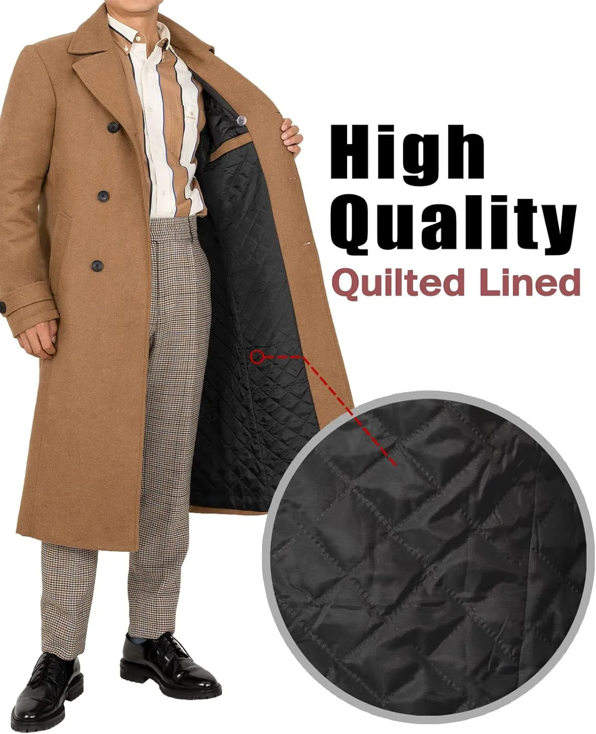 Bonnorth Men's Premium Wool Blend Full Length Trench Coat Winter Double Breasted Notch Lapel Pea Coats