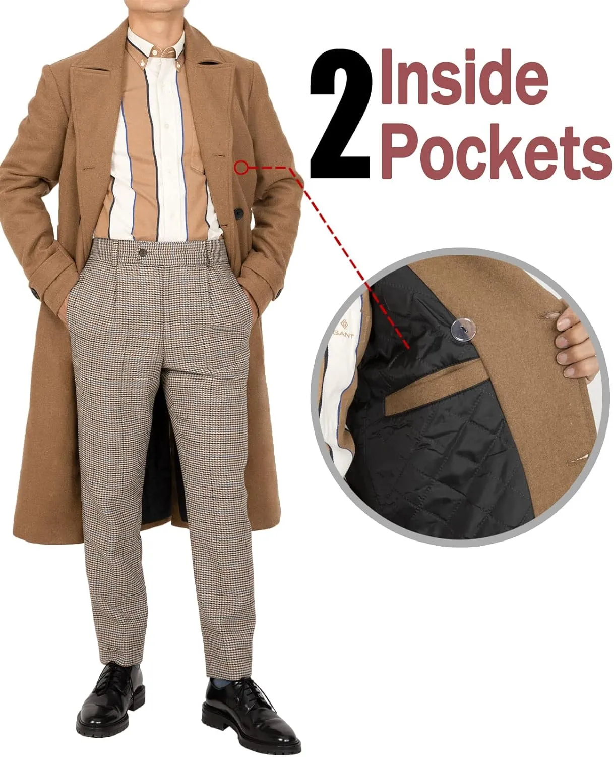 Bonnorth Men's Premium Wool Blend Full Length Trench Coat Winter Double Breasted Notch Lapel Pea Coats