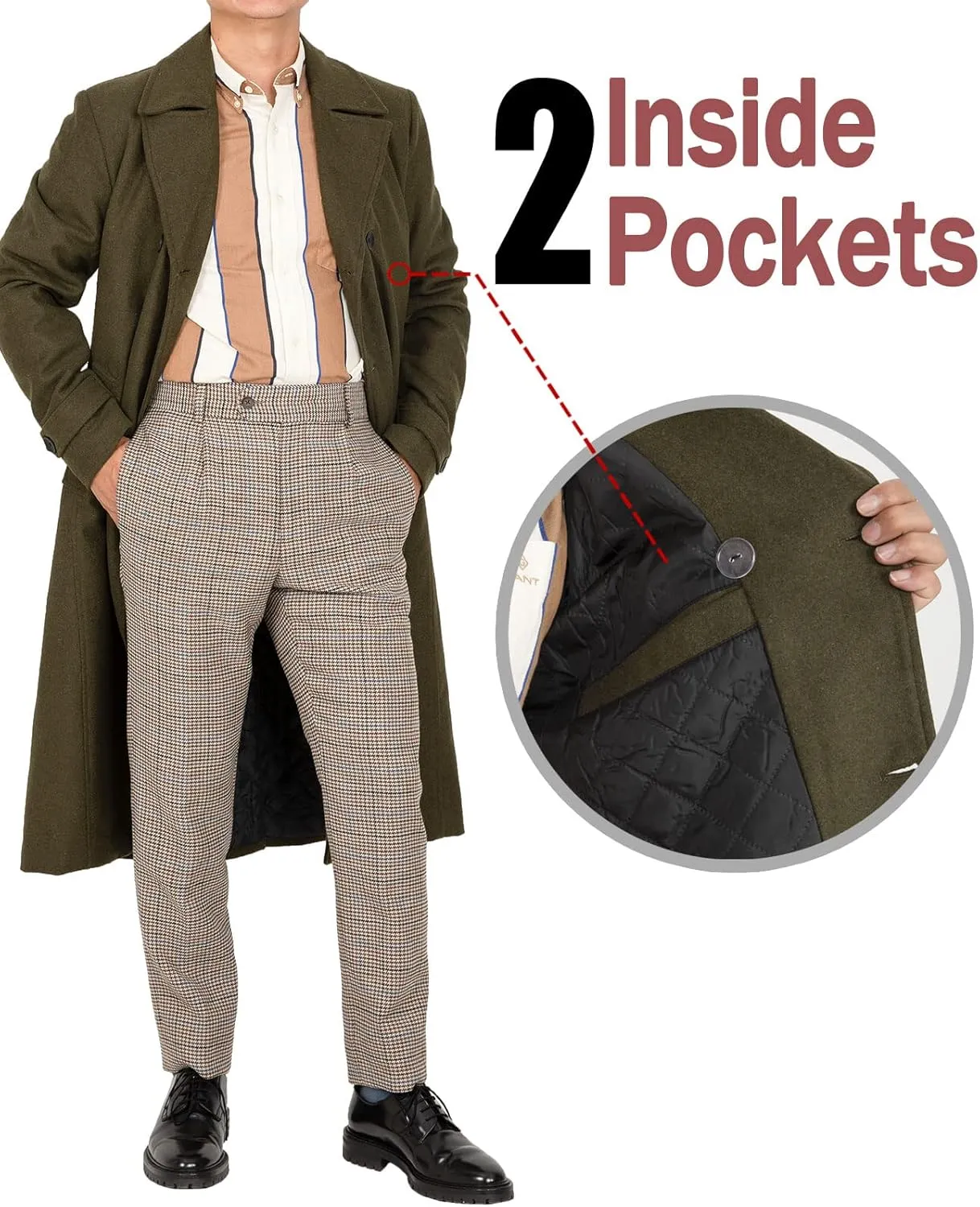 Bonnorth Men's Premium Wool Blend Full Length Trench Coat Winter Double Breasted Notch Lapel Pea Coats