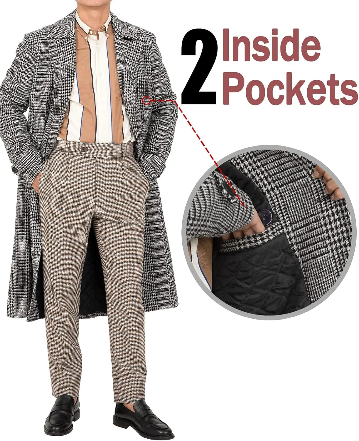 Bonnorth Men's Premium Wool Blend Full Length Trench Coat Winter Double Breasted Notch Lapel Pea Coats