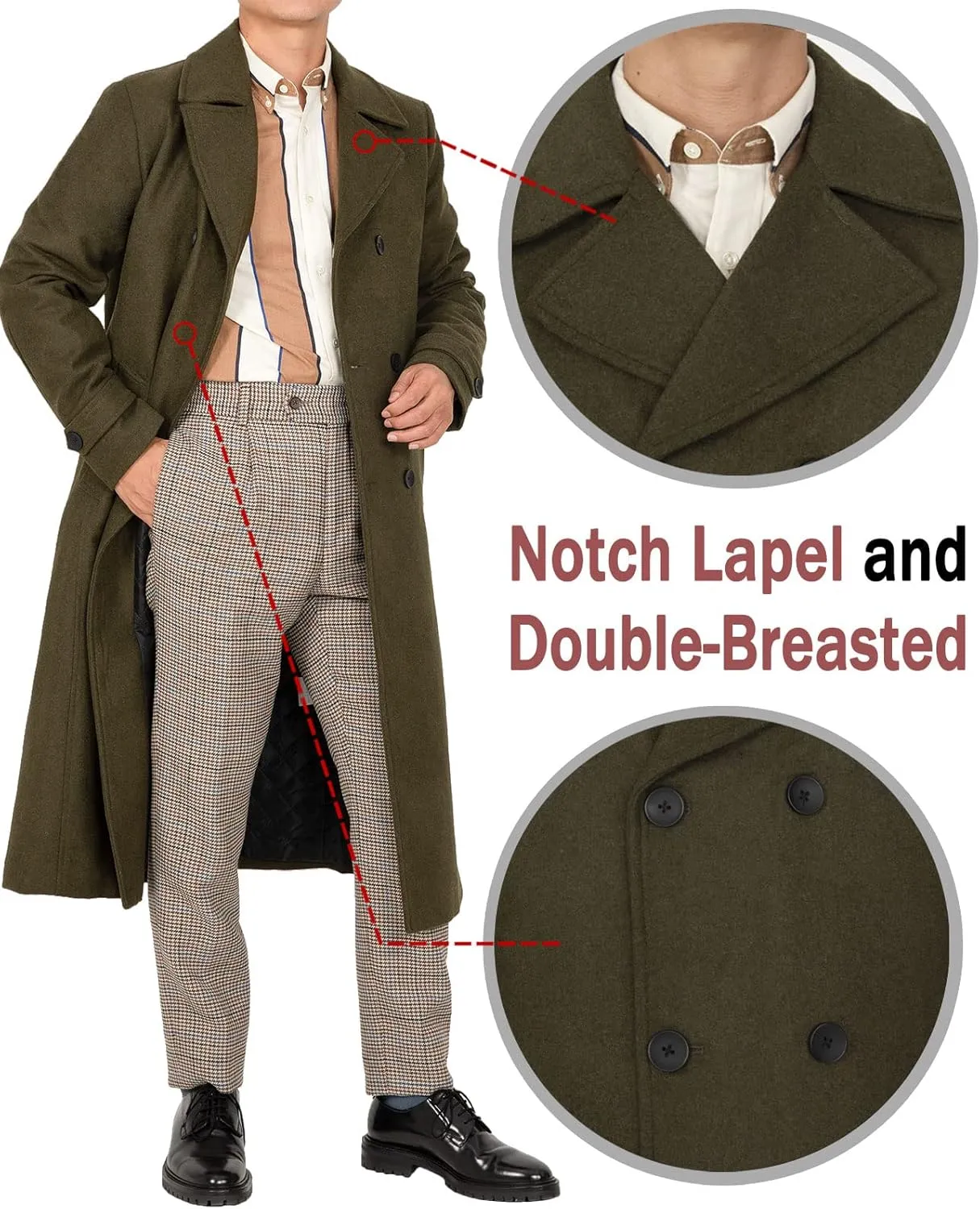 Bonnorth Men's Premium Wool Blend Full Length Trench Coat Winter Double Breasted Notch Lapel Pea Coats