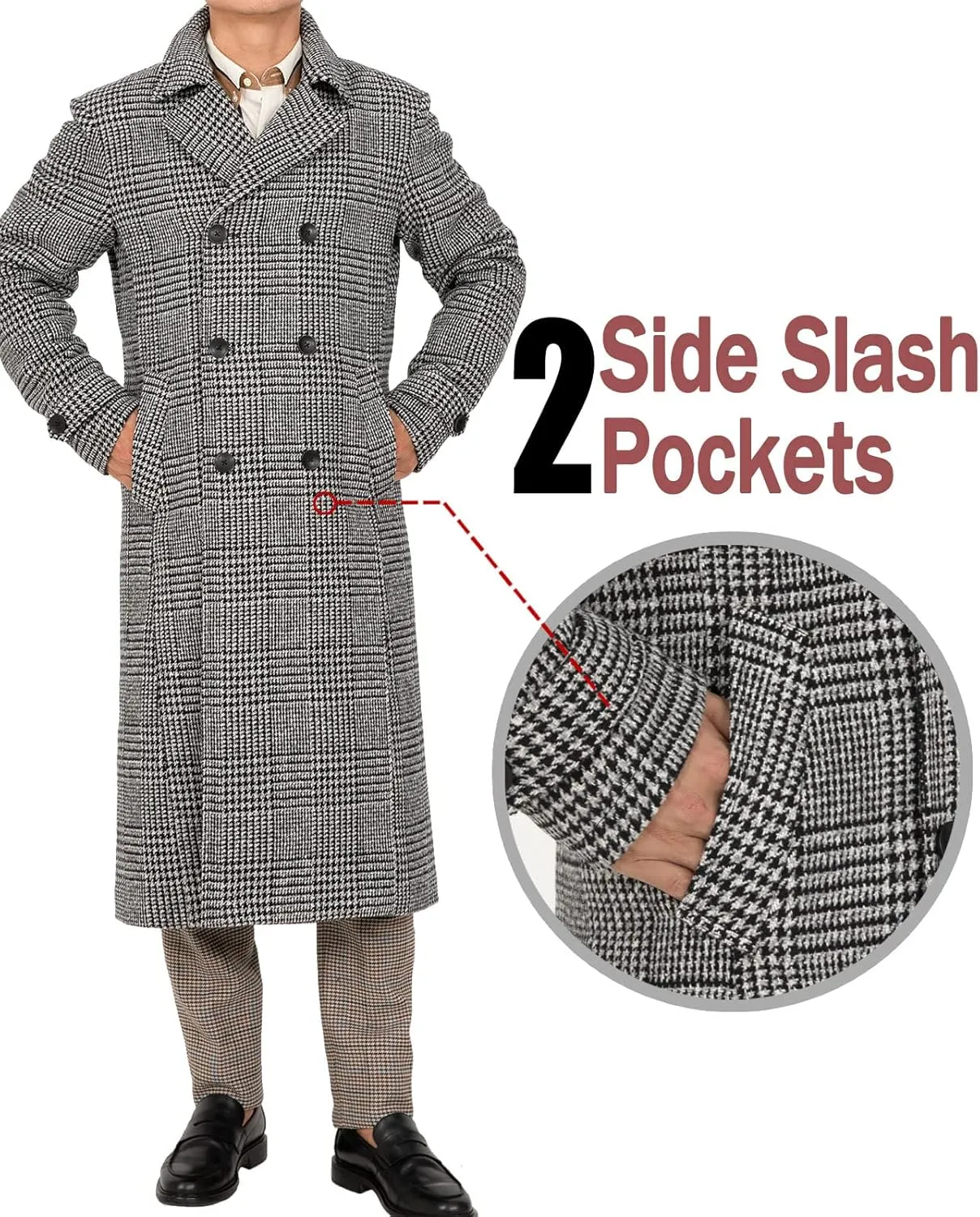 Bonnorth Men's Premium Wool Blend Full Length Trench Coat Winter Double Breasted Notch Lapel Pea Coats