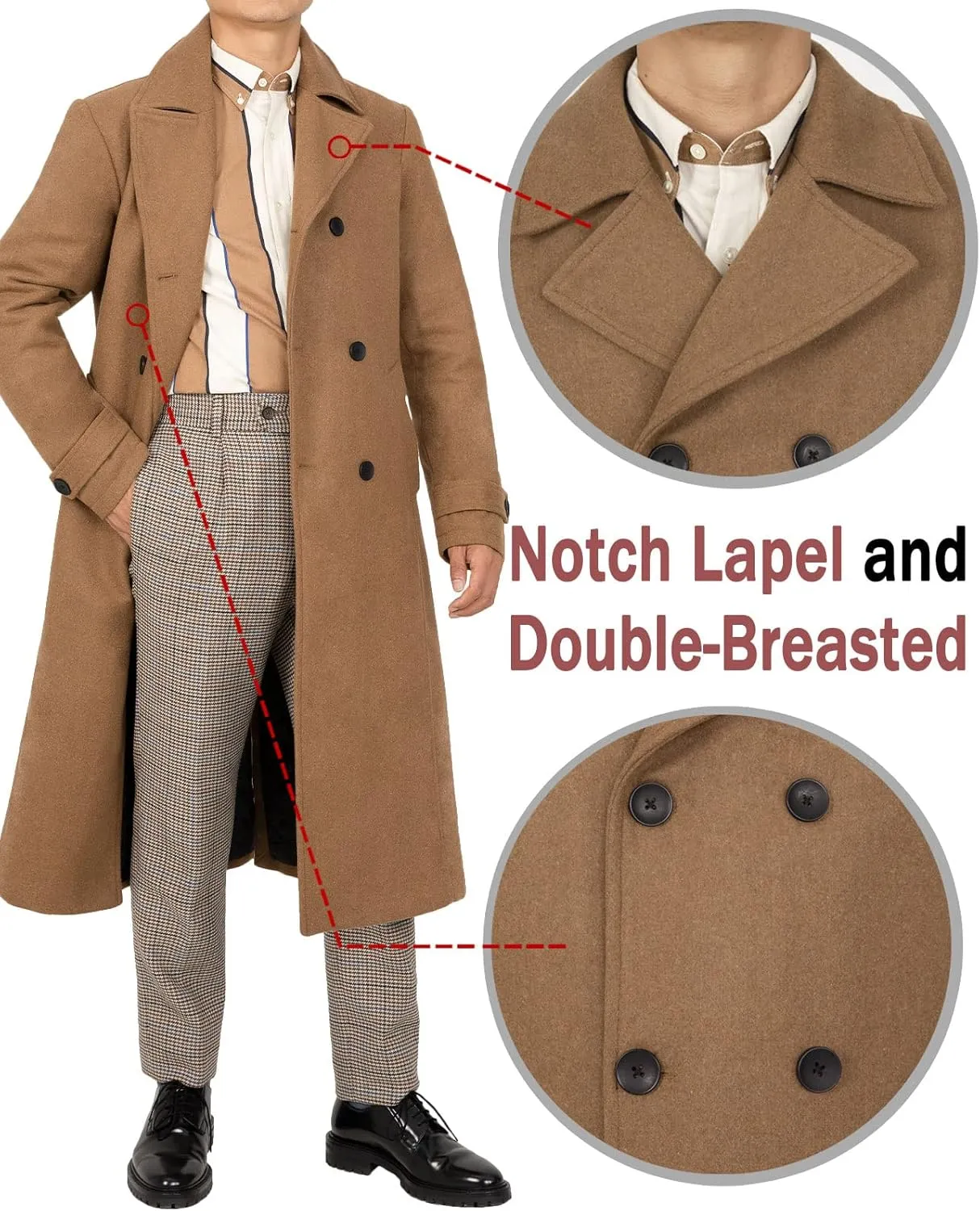 Bonnorth Men's Premium Wool Blend Full Length Trench Coat Winter Double Breasted Notch Lapel Pea Coats