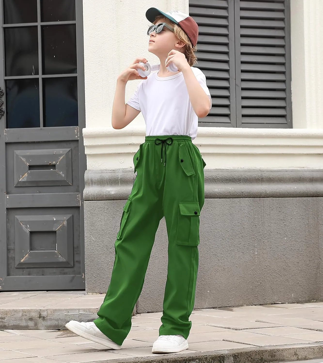 Boys Cargo Pants Wide Leg Pants Teen Kids Drawstring Straight Trousers with Pockets Size 7-14