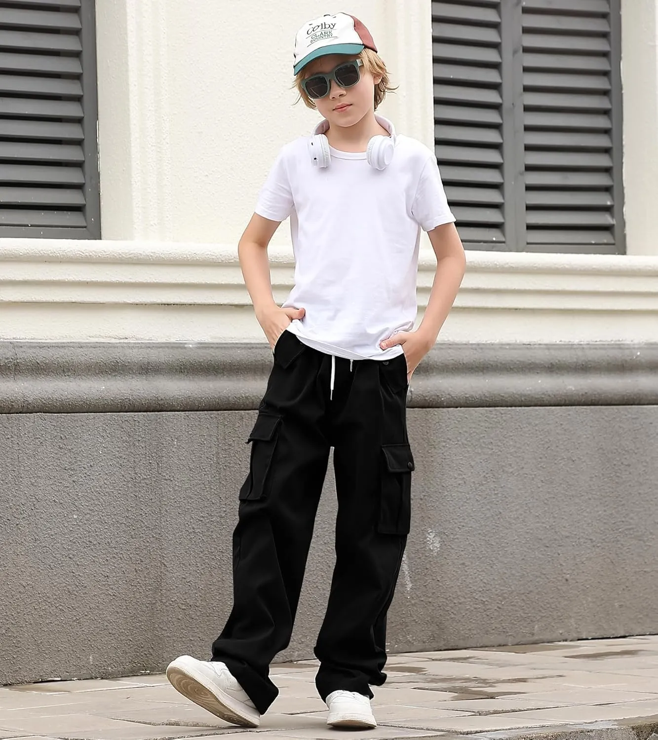Boys Cargo Pants Wide Leg Pants Teen Kids Drawstring Straight Trousers with Pockets Size 7-14