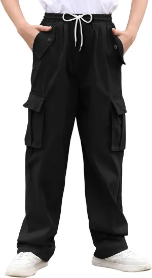 Boys Cargo Pants Wide Leg Pants Teen Kids Drawstring Straight Trousers with Pockets Size 7-14