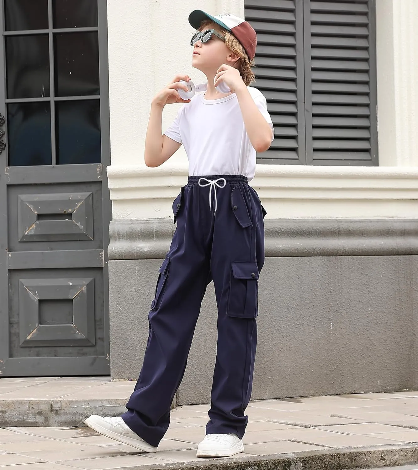 Boys Cargo Pants Wide Leg Pants Teen Kids Drawstring Straight Trousers with Pockets Size 7-14