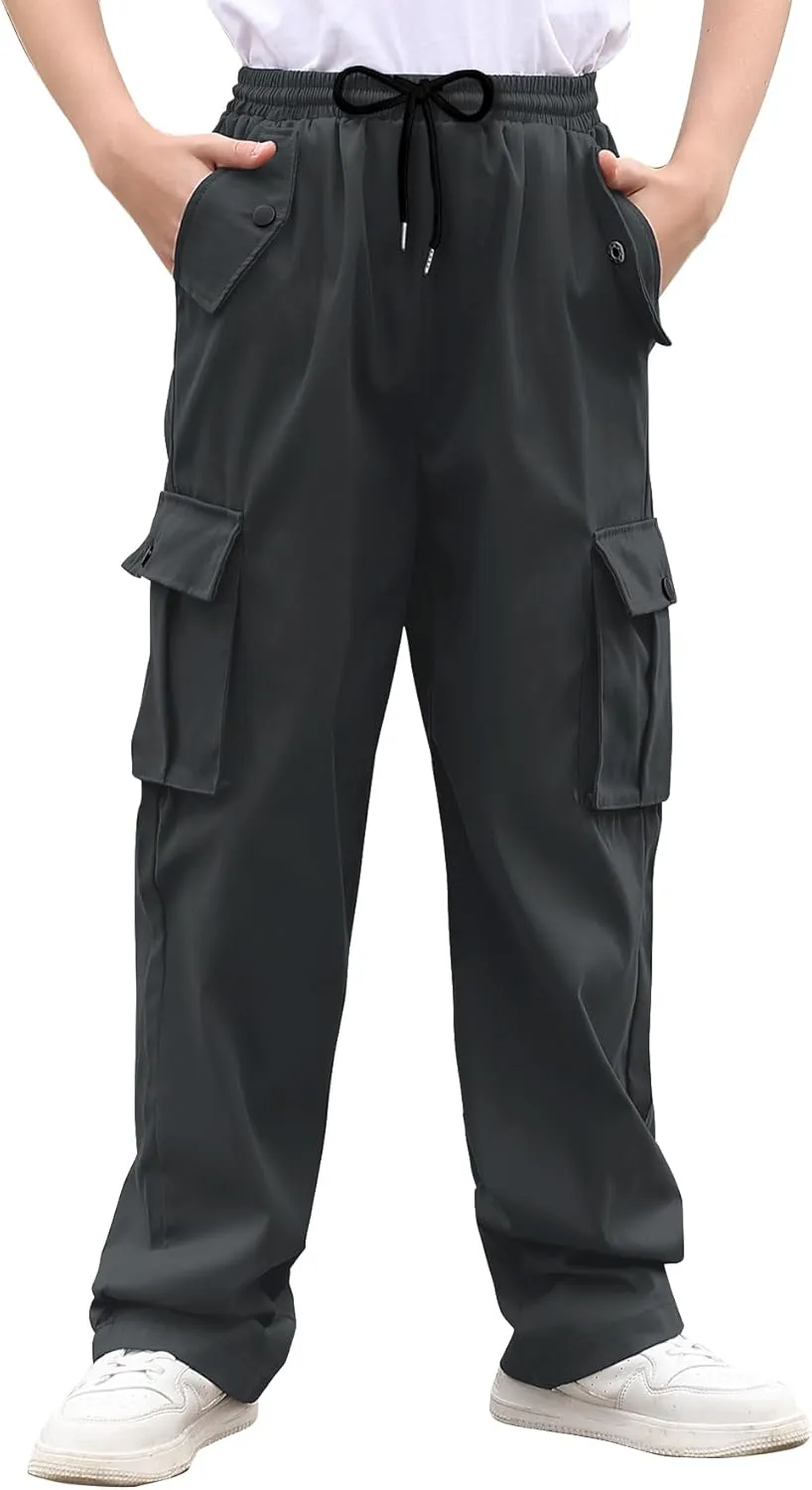 Boys Cargo Pants Wide Leg Pants Teen Kids Drawstring Straight Trousers with Pockets Size 7-14