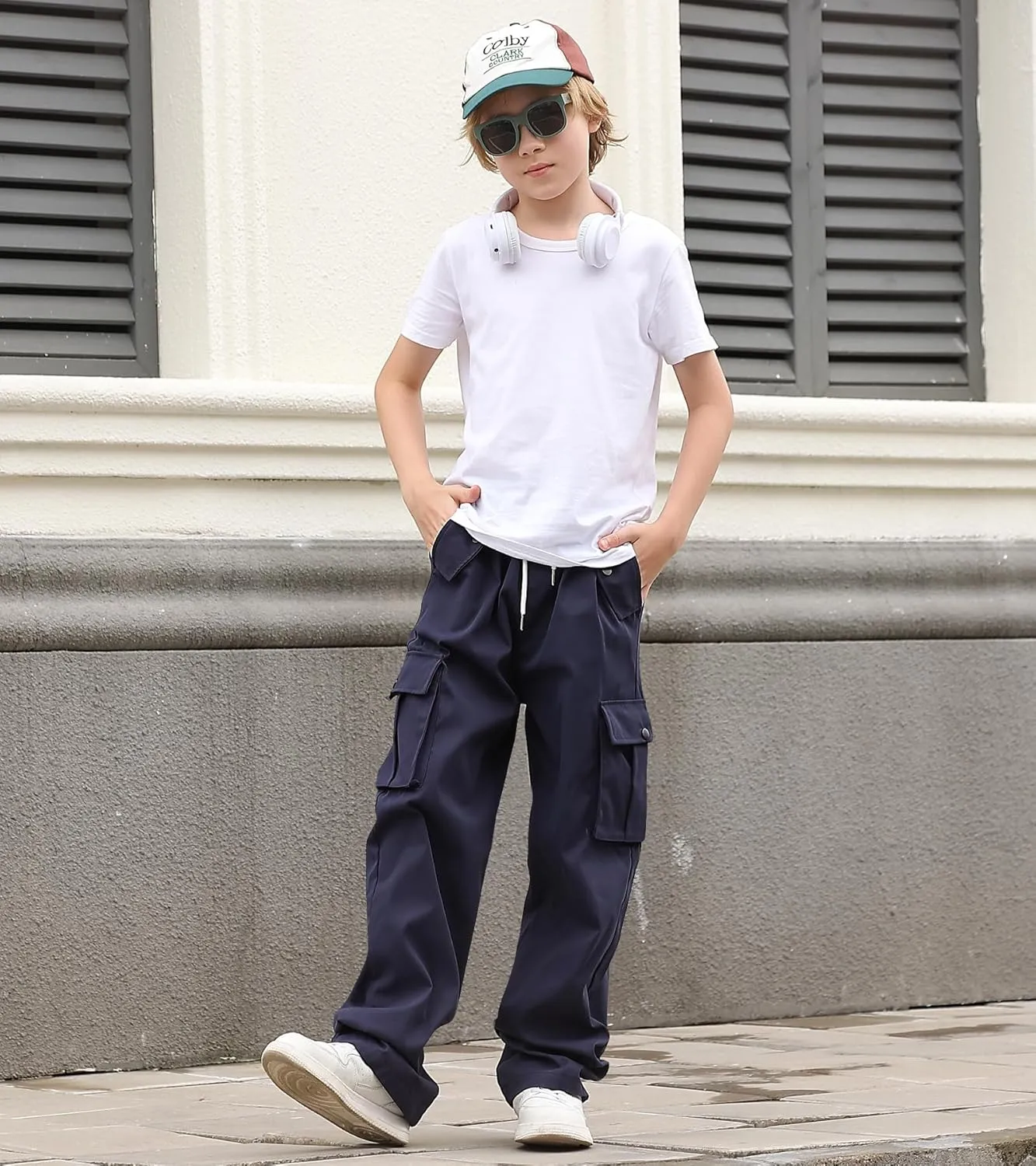 Boys Cargo Pants Wide Leg Pants Teen Kids Drawstring Straight Trousers with Pockets Size 7-14