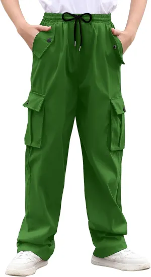Boys Cargo Pants Wide Leg Pants Teen Kids Drawstring Straight Trousers with Pockets Size 7-14