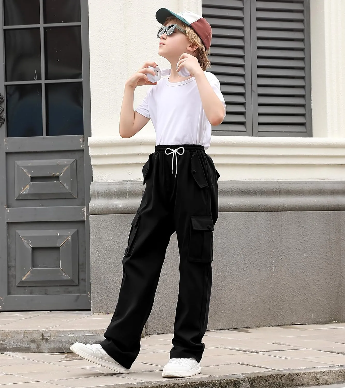 Boys Cargo Pants Wide Leg Pants Teen Kids Drawstring Straight Trousers with Pockets Size 7-14