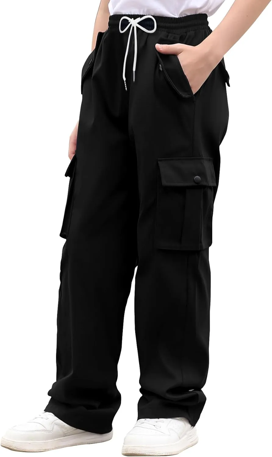 Boys Cargo Pants Wide Leg Pants Teen Kids Drawstring Straight Trousers with Pockets Size 7-14