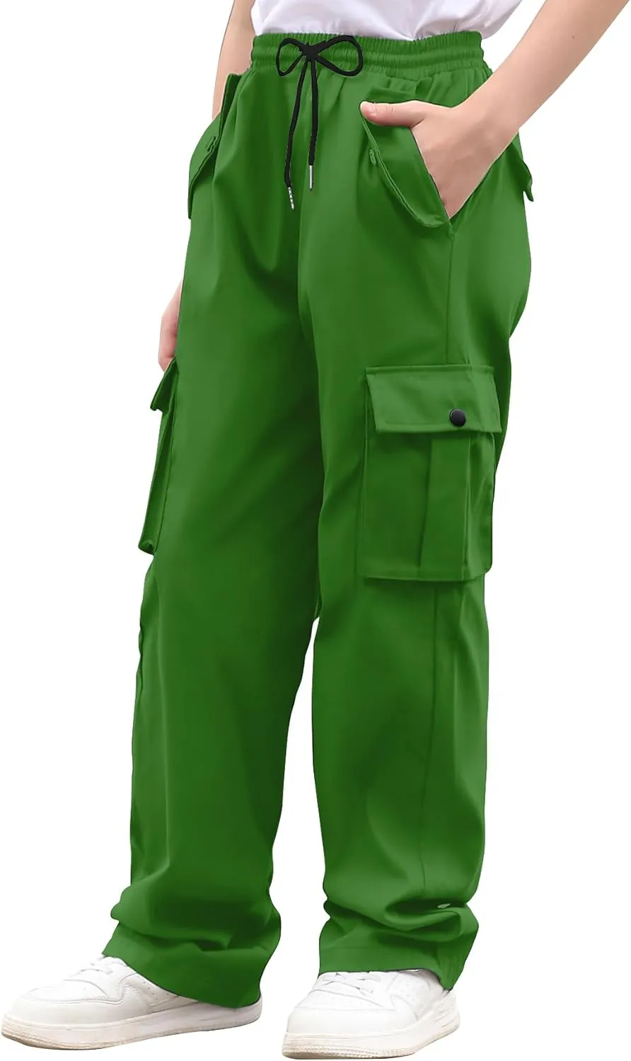 Boys Cargo Pants Wide Leg Pants Teen Kids Drawstring Straight Trousers with Pockets Size 7-14