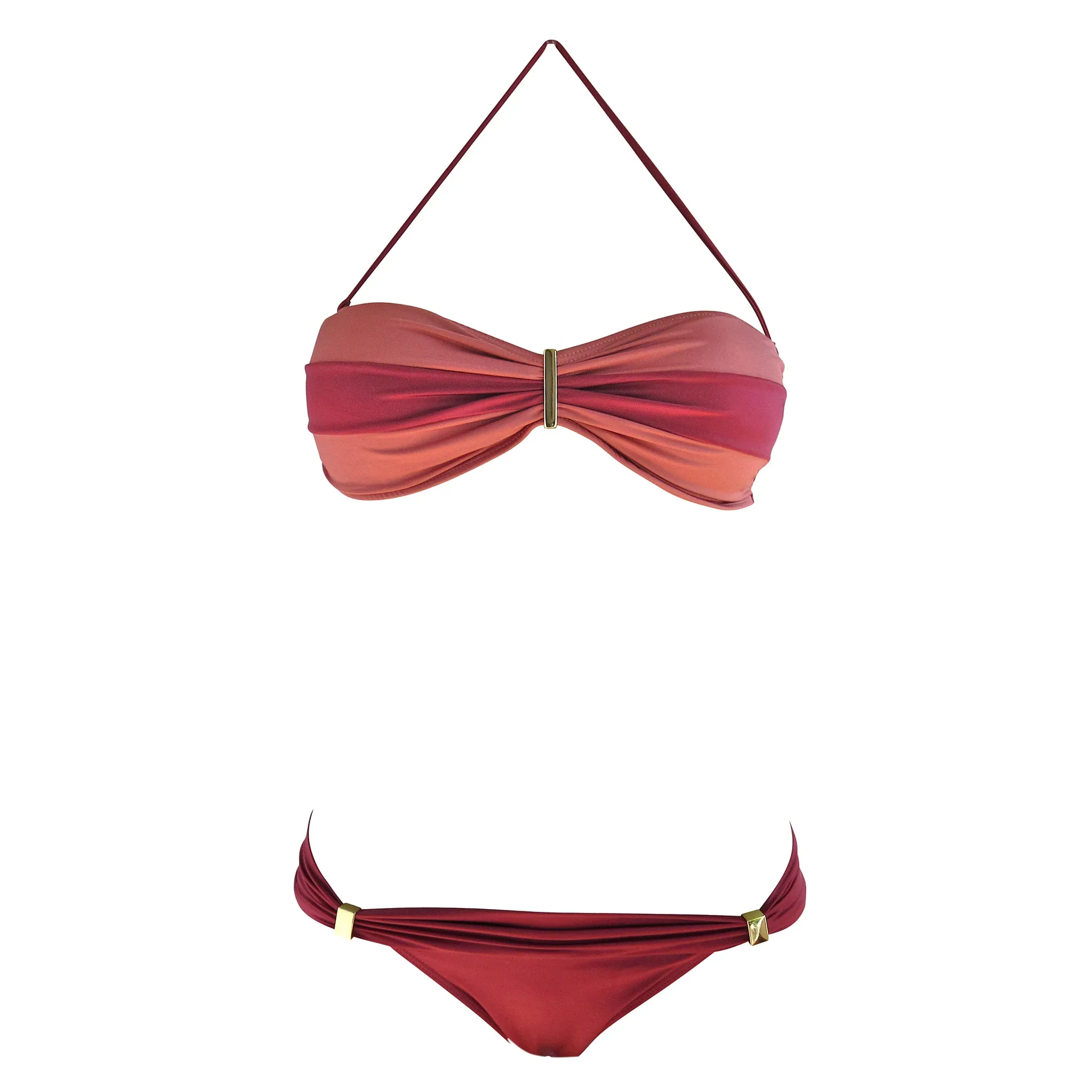 Brigitte Lara Red and Orange Stripe Color Block Bandeau Bikini - Guava Sunset