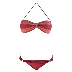 Brigitte Lara Red and Orange Stripe Color Block Bandeau Bikini - Guava Sunset