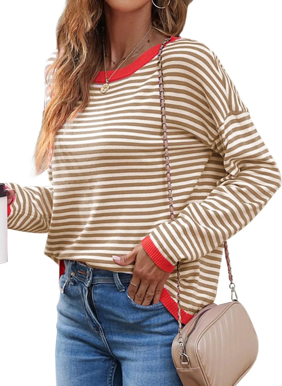 Buauty Womens Long Sleeve Crewneck Knitted Striped Sweaters Casual Color Block Drop Shoulder Pullover Trendy Tops