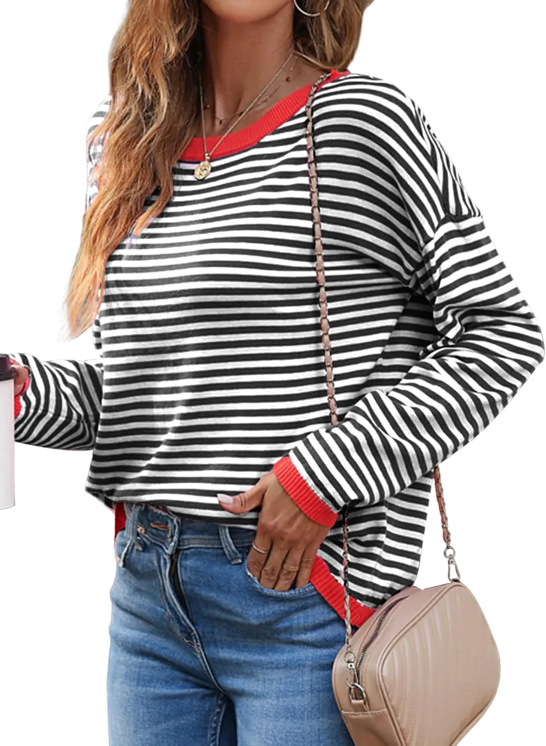 Buauty Womens Long Sleeve Crewneck Knitted Striped Sweaters Casual Color Block Drop Shoulder Pullover Trendy Tops