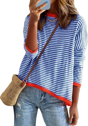 Buauty Womens Long Sleeve Crewneck Knitted Striped Sweaters Casual Color Block Drop Shoulder Pullover Trendy Tops