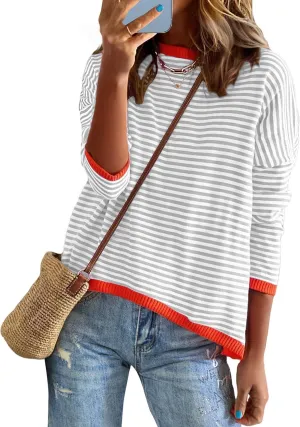 Buauty Womens Long Sleeve Crewneck Knitted Striped Sweaters Casual Color Block Drop Shoulder Pullover Trendy Tops