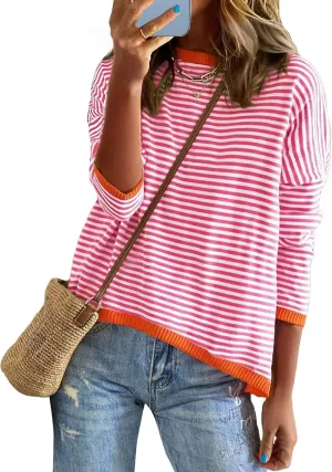 Buauty Womens Long Sleeve Crewneck Knitted Striped Sweaters Casual Color Block Drop Shoulder Pullover Trendy Tops