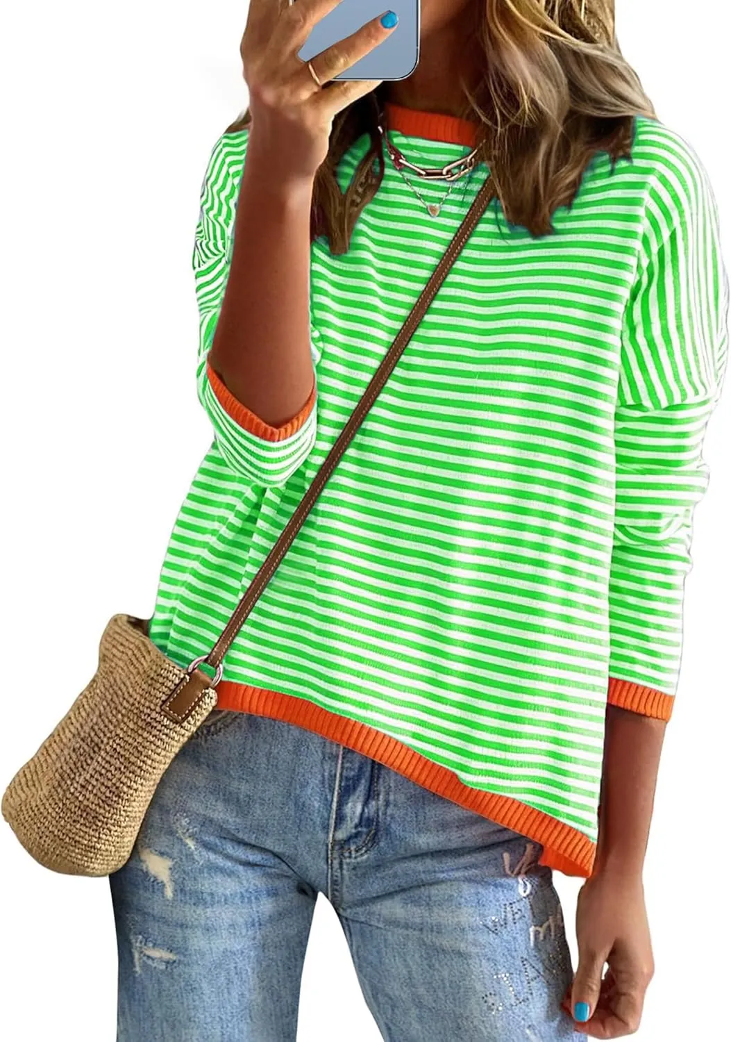 Buauty Womens Long Sleeve Crewneck Knitted Striped Sweaters Casual Color Block Drop Shoulder Pullover Trendy Tops