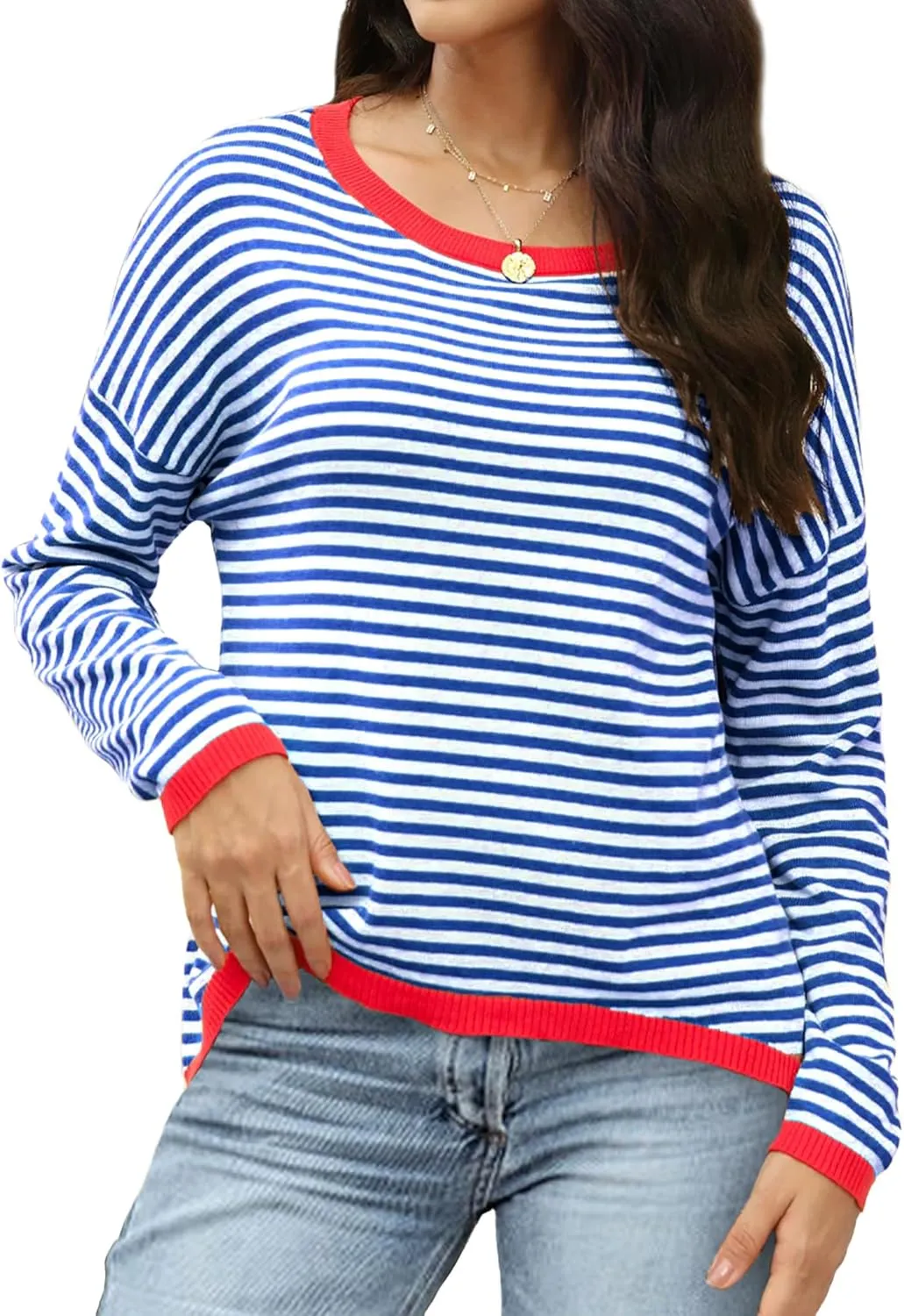 Buauty Womens Long Sleeve Crewneck Knitted Striped Sweaters Casual Color Block Drop Shoulder Pullover Trendy Tops