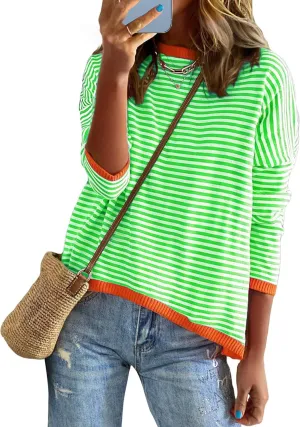 Buauty Womens Long Sleeve Crewneck Knitted Striped Sweaters Casual Color Block Drop Shoulder Pullover Trendy Tops