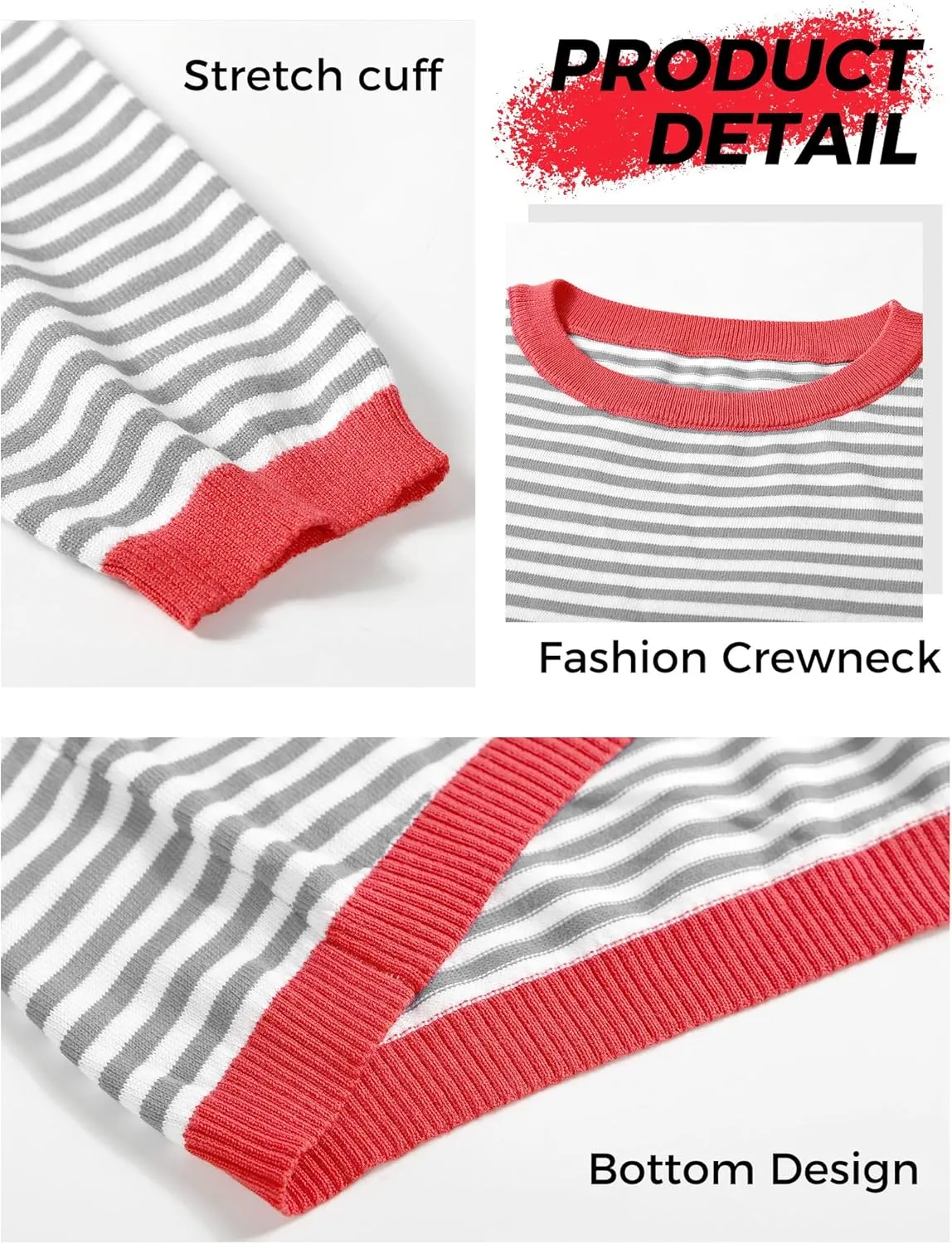 Buauty Womens Long Sleeve Crewneck Knitted Striped Sweaters Casual Color Block Drop Shoulder Pullover Trendy Tops