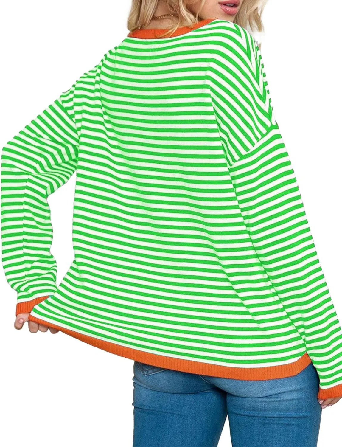 Buauty Womens Long Sleeve Crewneck Knitted Striped Sweaters Casual Color Block Drop Shoulder Pullover Trendy Tops