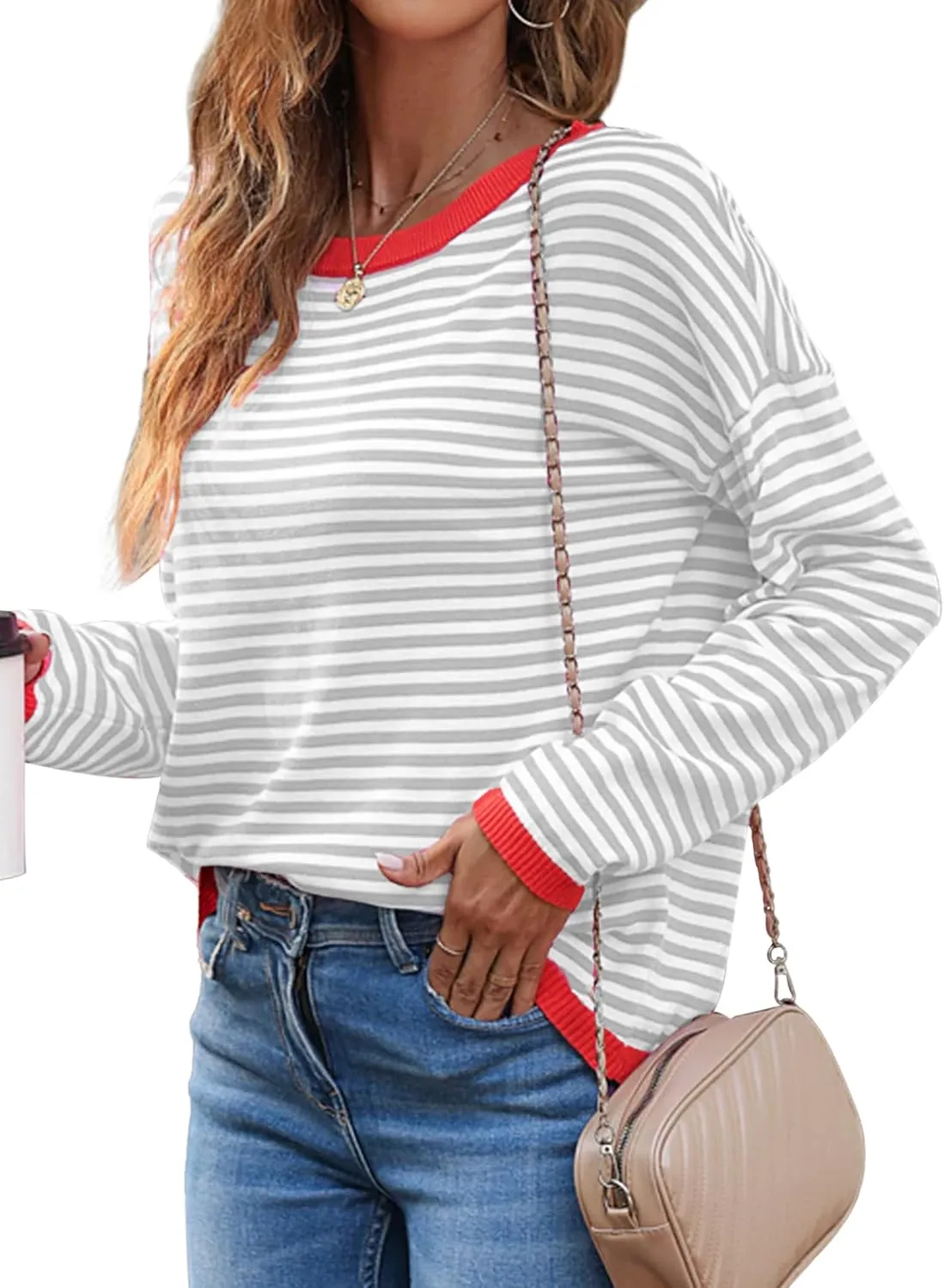 Buauty Womens Long Sleeve Crewneck Knitted Striped Sweaters Casual Color Block Drop Shoulder Pullover Trendy Tops
