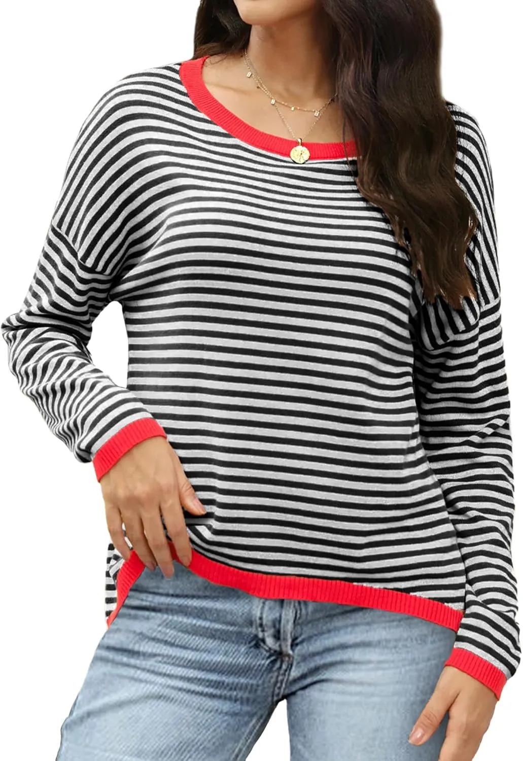 Buauty Womens Long Sleeve Crewneck Knitted Striped Sweaters Casual Color Block Drop Shoulder Pullover Trendy Tops