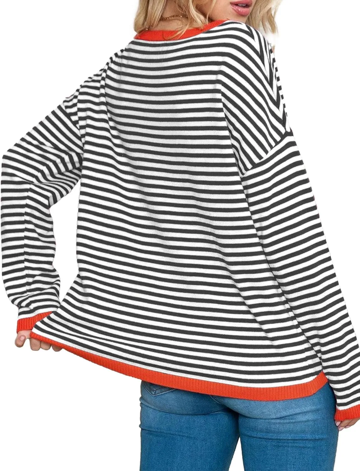 Buauty Womens Long Sleeve Crewneck Knitted Striped Sweaters Casual Color Block Drop Shoulder Pullover Trendy Tops