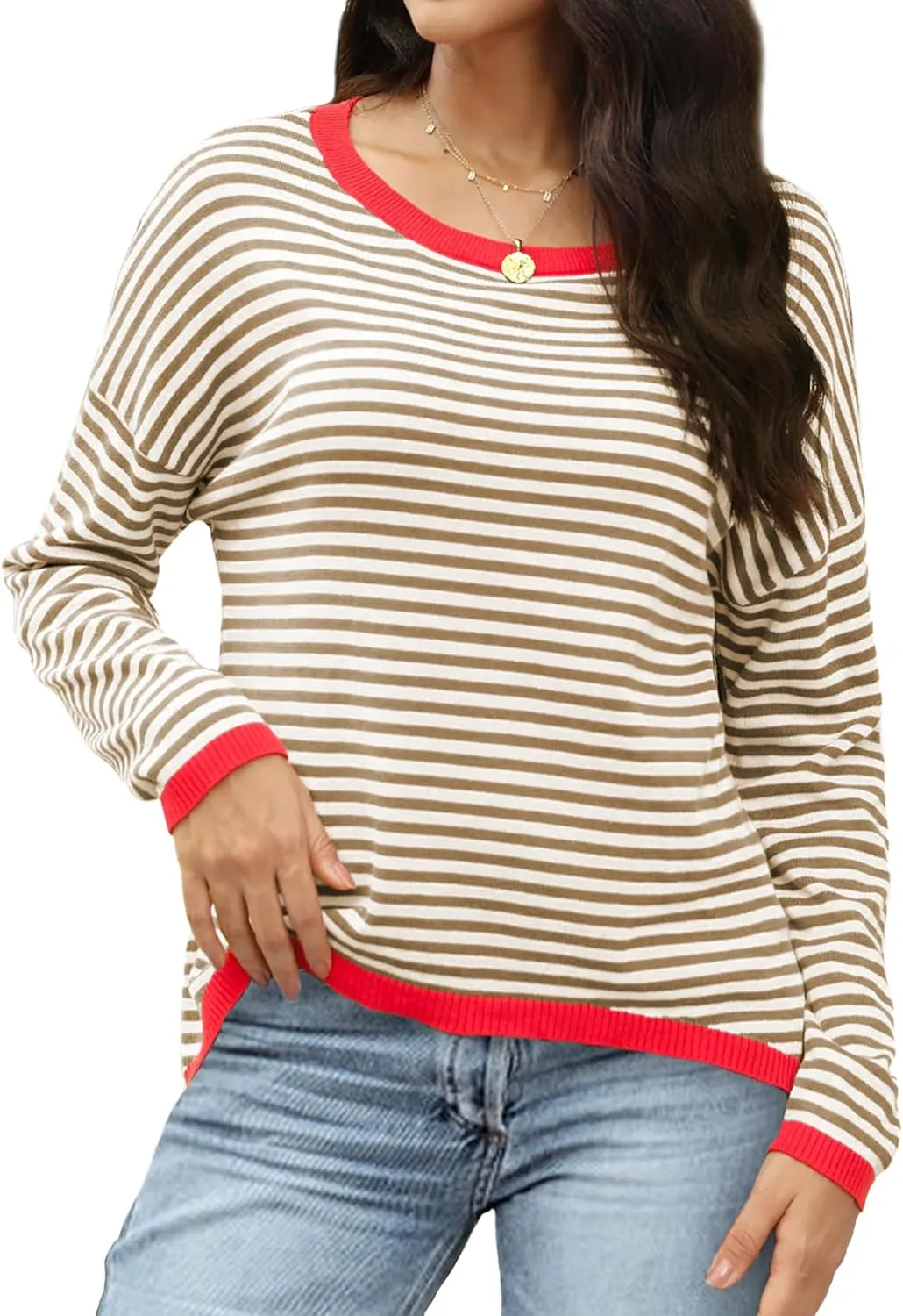 Buauty Womens Long Sleeve Crewneck Knitted Striped Sweaters Casual Color Block Drop Shoulder Pullover Trendy Tops