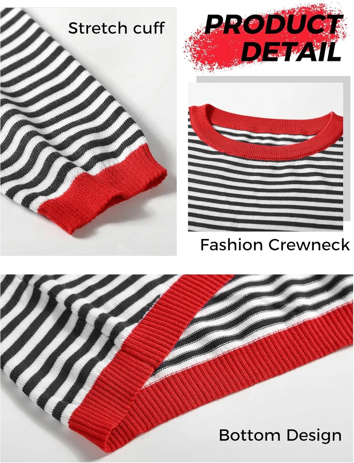 Buauty Womens Long Sleeve Crewneck Knitted Striped Sweaters Casual Color Block Drop Shoulder Pullover Trendy Tops