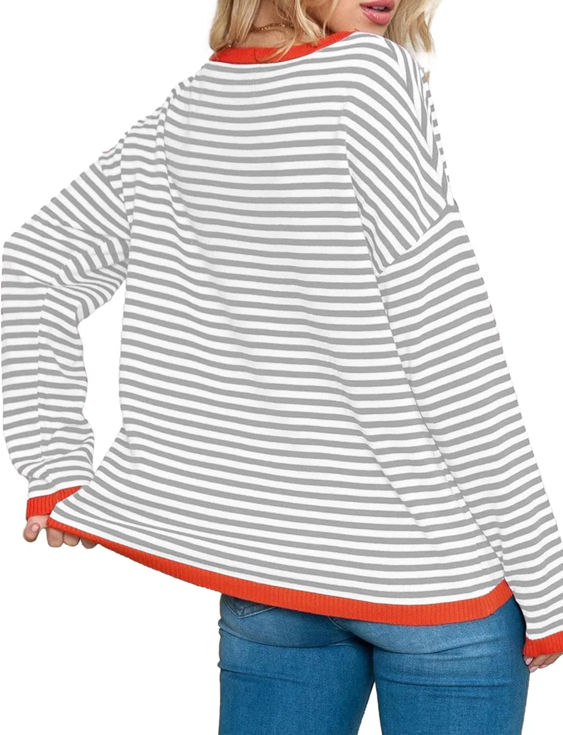 Buauty Womens Long Sleeve Crewneck Knitted Striped Sweaters Casual Color Block Drop Shoulder Pullover Trendy Tops