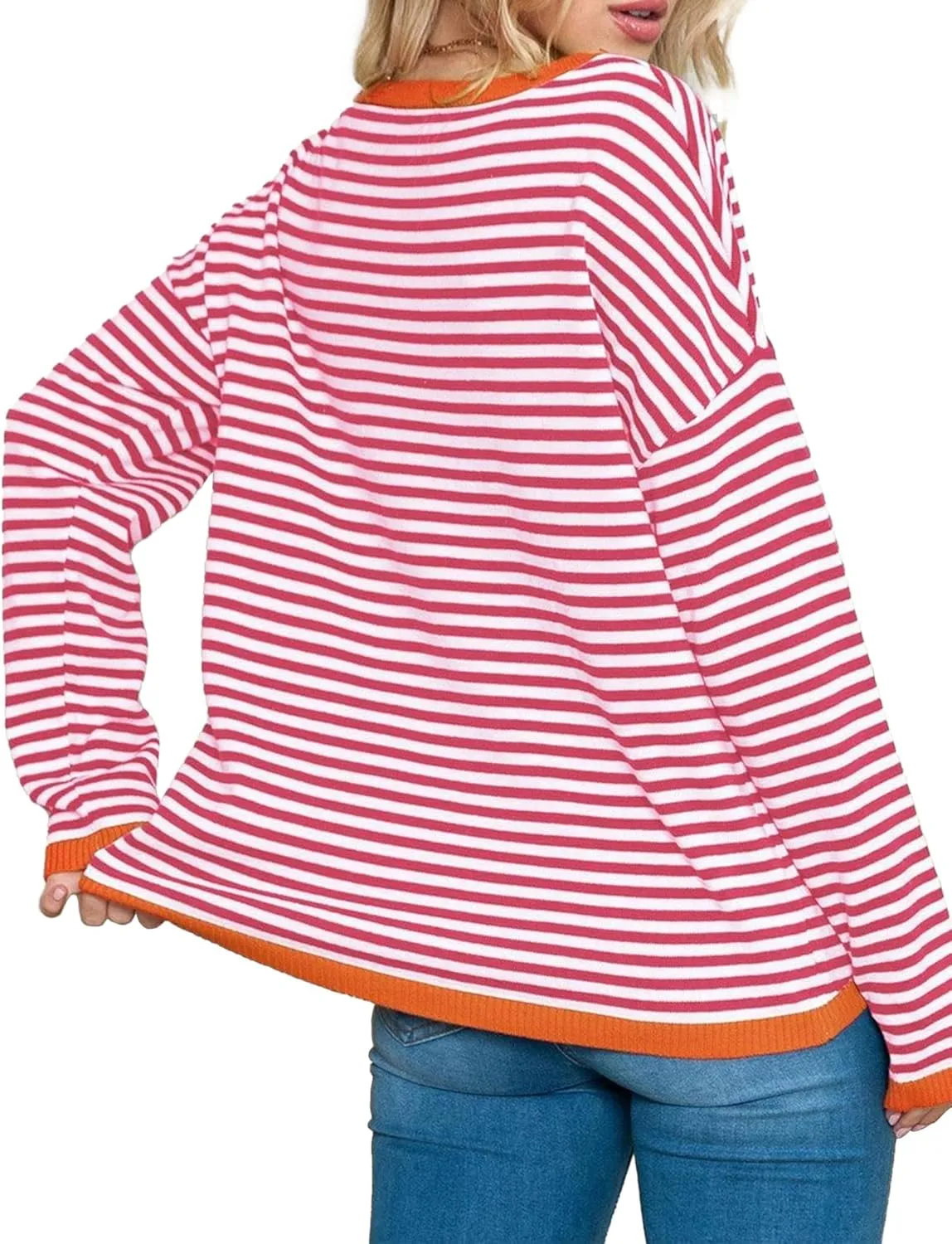 Buauty Womens Long Sleeve Crewneck Knitted Striped Sweaters Casual Color Block Drop Shoulder Pullover Trendy Tops