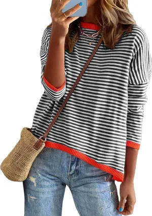 Buauty Womens Long Sleeve Crewneck Knitted Striped Sweaters Casual Color Block Drop Shoulder Pullover Trendy Tops