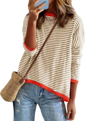 Buauty Womens Long Sleeve Crewneck Knitted Striped Sweaters Casual Color Block Drop Shoulder Pullover Trendy Tops