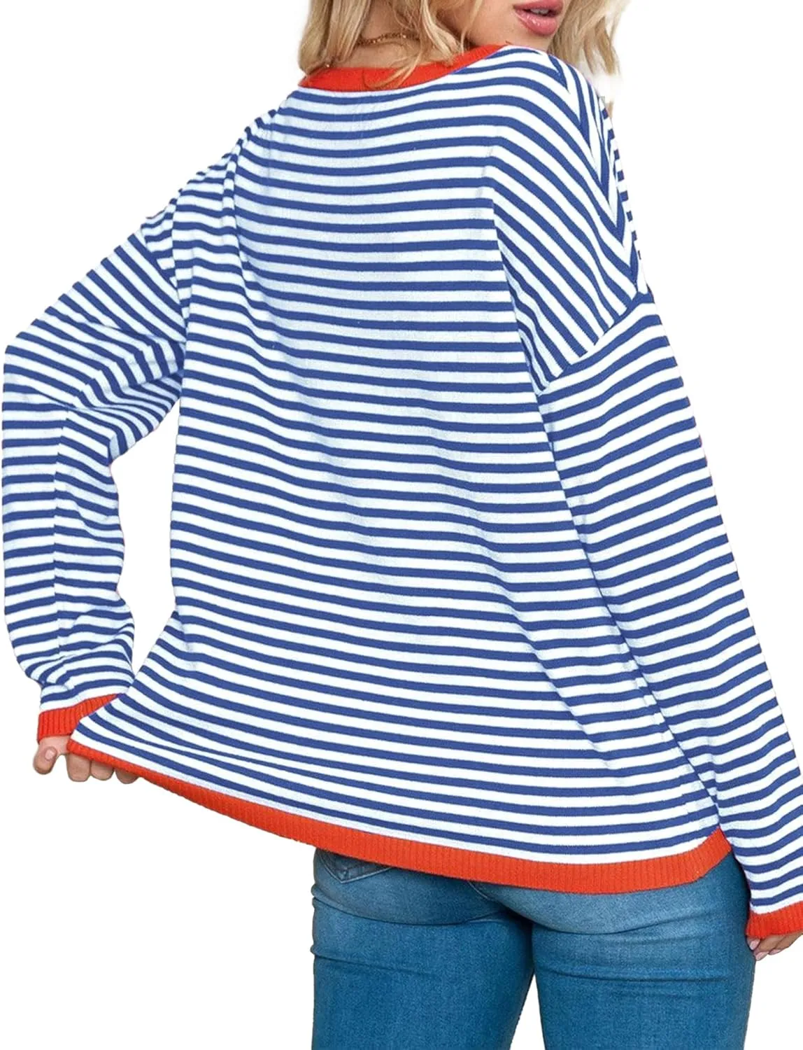 Buauty Womens Long Sleeve Crewneck Knitted Striped Sweaters Casual Color Block Drop Shoulder Pullover Trendy Tops