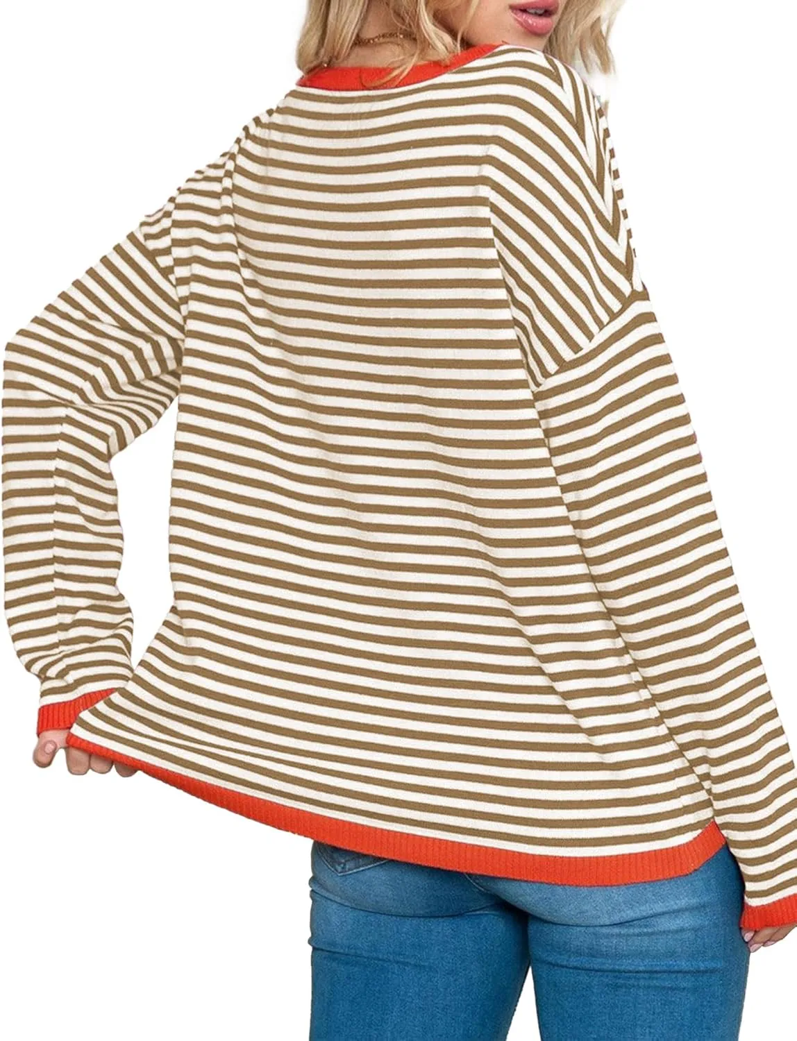 Buauty Womens Long Sleeve Crewneck Knitted Striped Sweaters Casual Color Block Drop Shoulder Pullover Trendy Tops