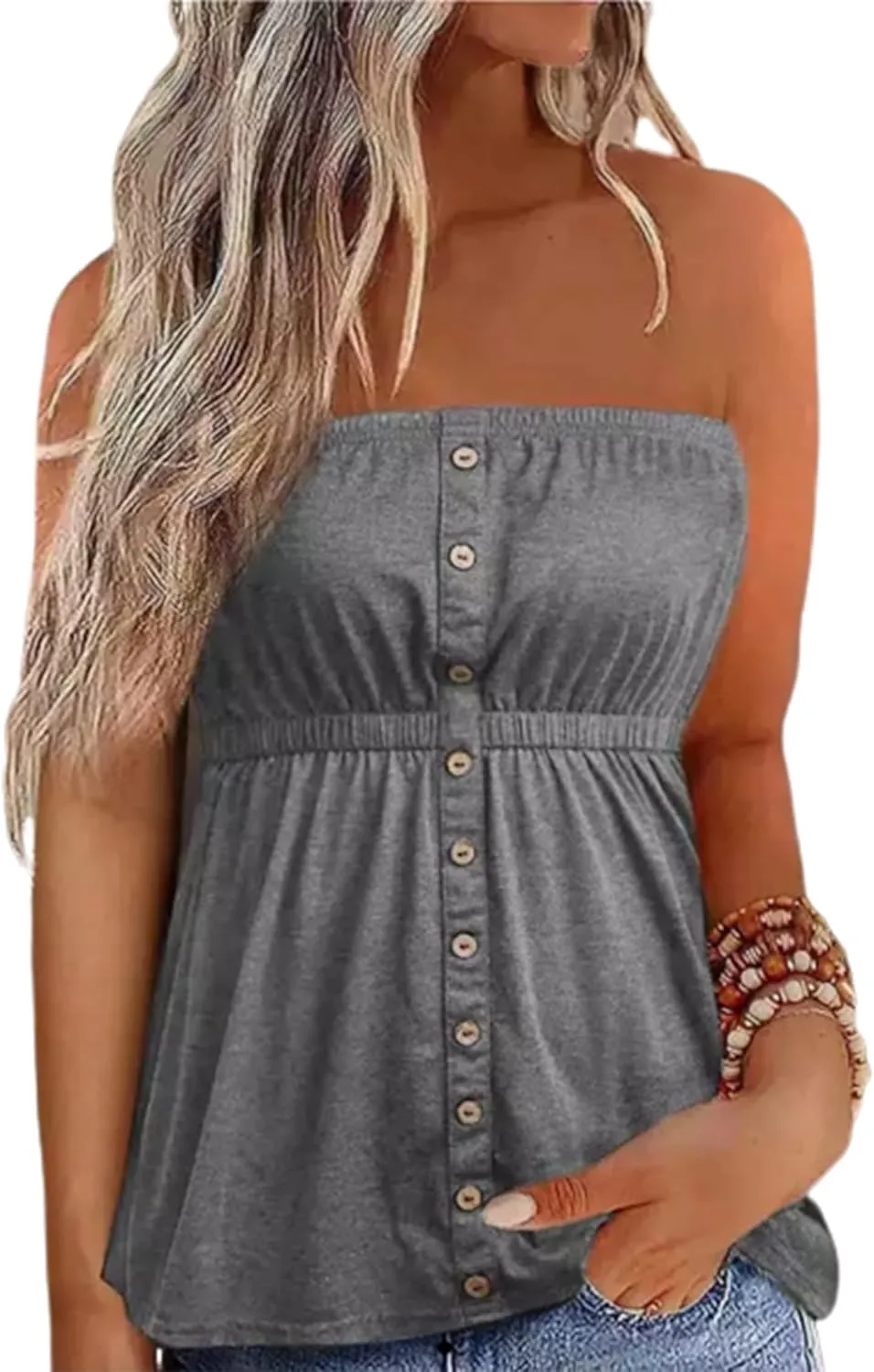 Button Strapless Bandeau Tank Women Sleeveless Tube Top Strapless Blouse Pleated Summer Casual Style Funny Tanks Tops
