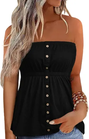 Button Strapless Bandeau Tank Women Sleeveless Tube Top Strapless Blouse Pleated Summer Casual Style Funny Tanks Tops