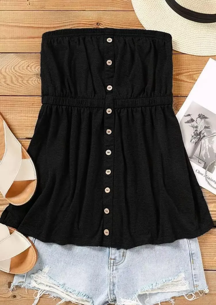 Button Strapless Bandeau Tank Women Sleeveless Tube Top Strapless Blouse Pleated Summer Casual Style Funny Tanks Tops