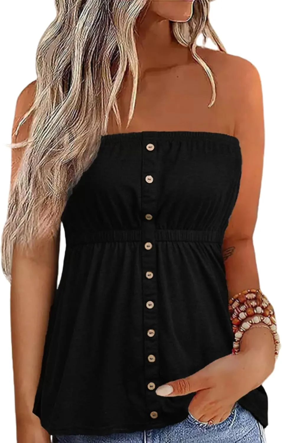 Button Strapless Bandeau Tank Women Sleeveless Tube Top Strapless Blouse Pleated Summer Casual Style Funny Tanks Tops