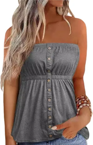 Button Strapless Bandeau Tank Women Sleeveless Tube Top Strapless Blouse Pleated Summer Casual Style Funny Tanks Tops