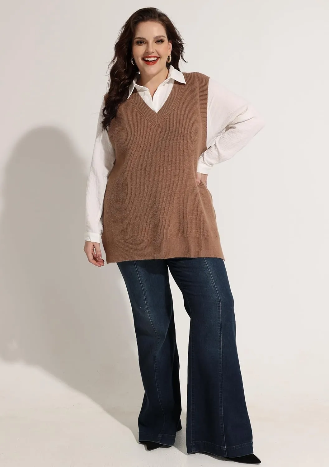 CARCOS Plus Size Sweater Vest for Women V Neck Sleeveless Sweaters Knit Tank Tops Preppy Style Pullover Tops XL-5XL