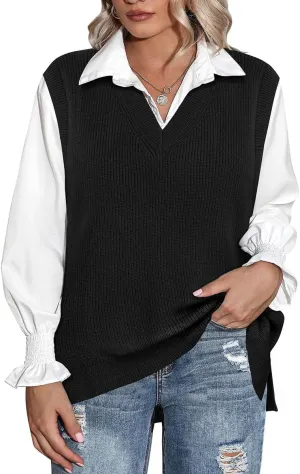 CARCOS Plus Size Sweater Vest for Women V Neck Sleeveless Sweaters Knit Tank Tops Preppy Style Pullover Tops XL-5XL