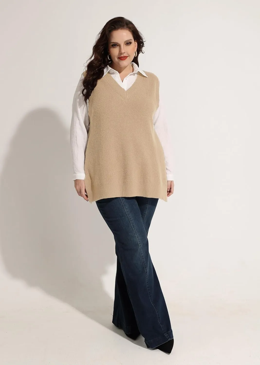 CARCOS Plus Size Sweater Vest for Women V Neck Sleeveless Sweaters Knit Tank Tops Preppy Style Pullover Tops XL-5XL