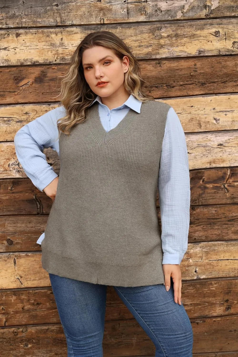 CARCOS Plus Size Sweater Vest for Women V Neck Sleeveless Sweaters Knit Tank Tops Preppy Style Pullover Tops XL-5XL