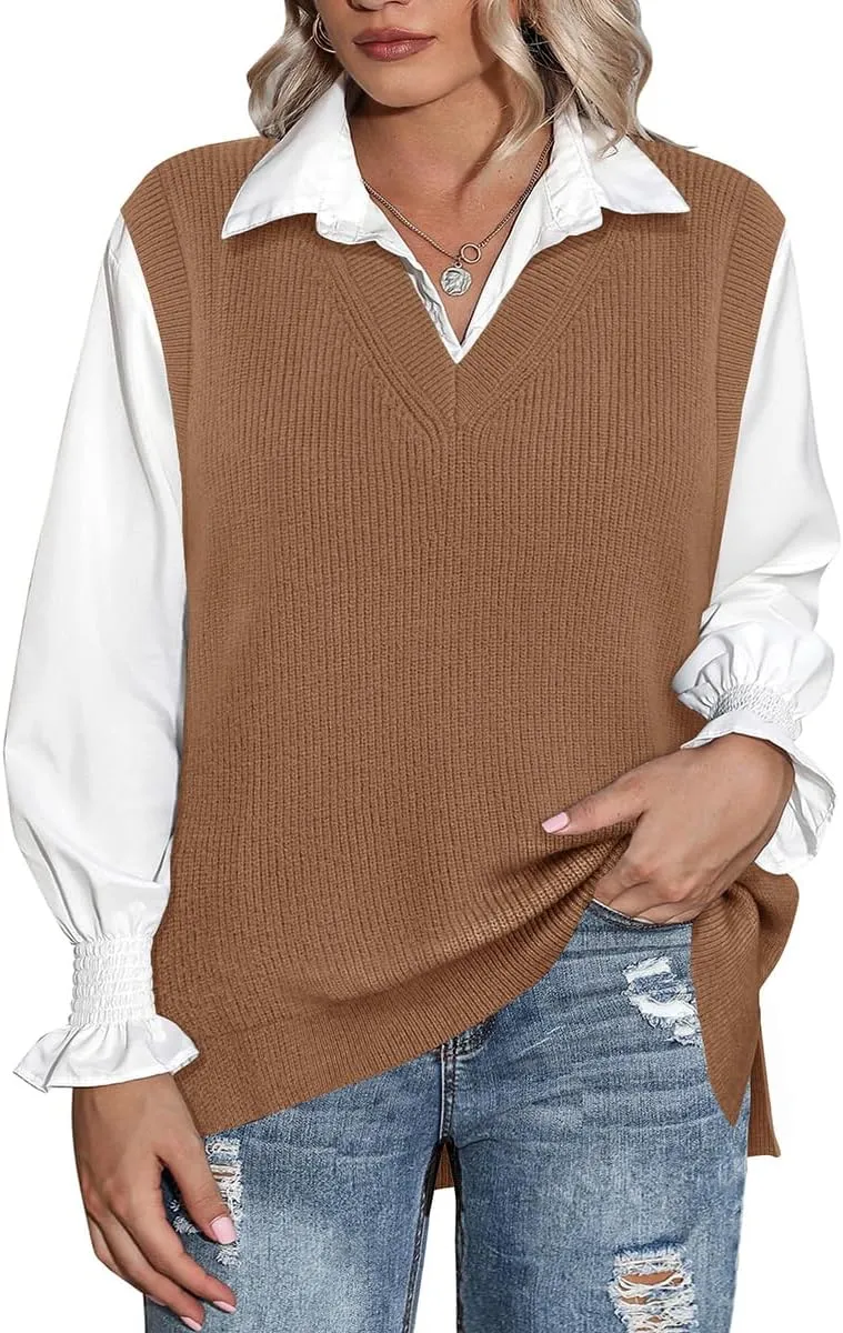 CARCOS Plus Size Sweater Vest for Women V Neck Sleeveless Sweaters Knit Tank Tops Preppy Style Pullover Tops XL-5XL